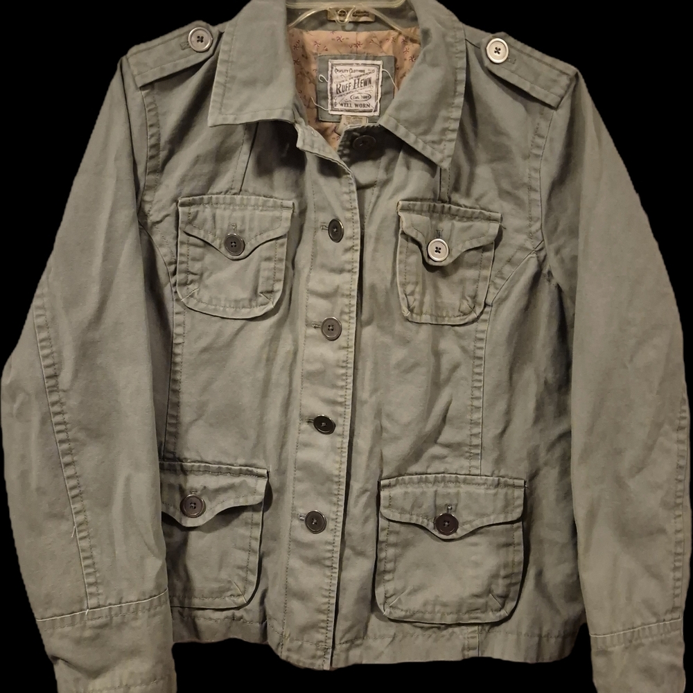 Ruff Hewn Military-Style cargo utility jacket in olive green. 
